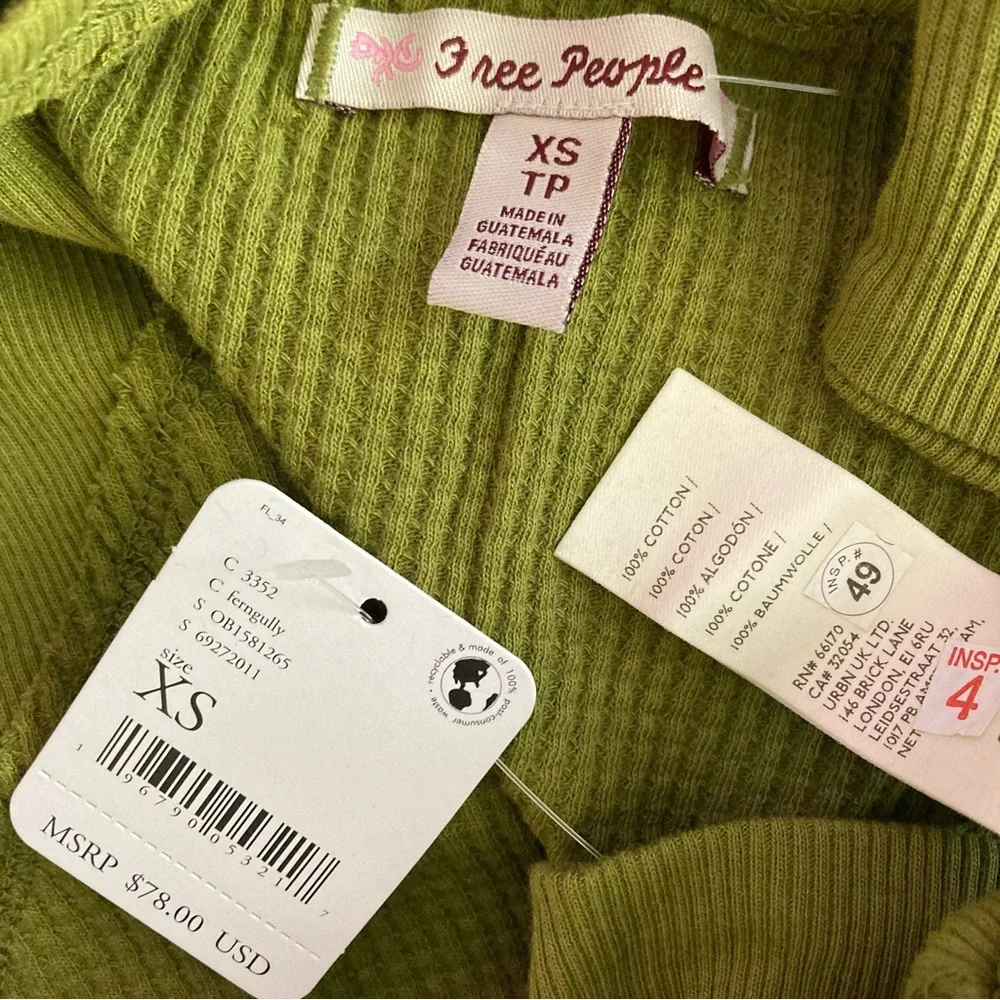Free People Santa Clara Thermal Top Green Long Sleeve Top 100% Cotton